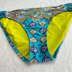 Trina Turk Turquoise & Yellow Patterned Bikini Bottom 12 Large